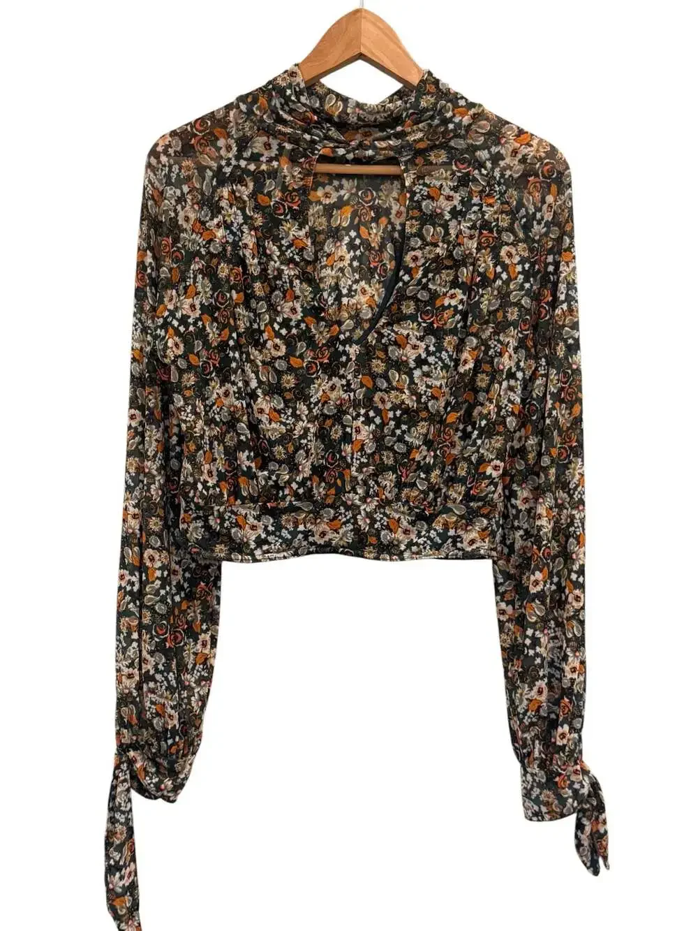Free People All Dolled Up Sheer Mesh Jade Combo Mock Neck Crop Blouse